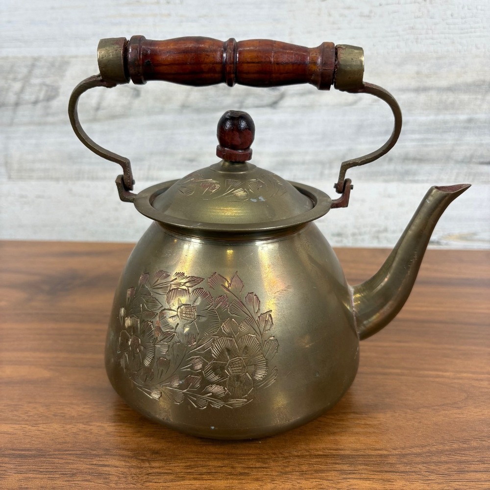 Antique 19th Century Brass Kettle Teapot Ornate‎ Floral Engraving. #819 India